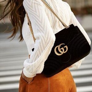 GUCCI GG Marmont Suede Leather Crossbody Bag Black velvet chain